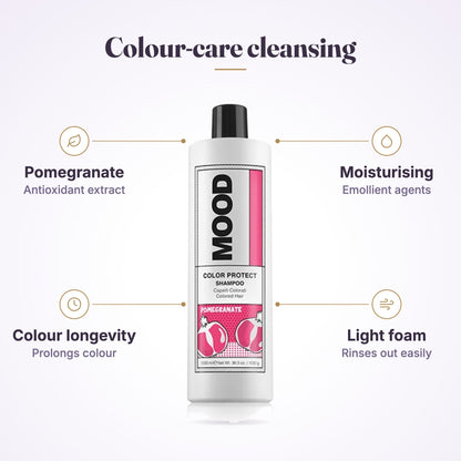 MOOD Color Protect Shampoo colour-care infographic: pomegranate, moisturising, colour longevity, light foam