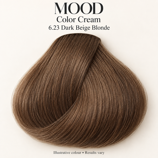 MOOD Color Cream 6.23 Dark Beige Blonde 100ml — illustrative hair colour swatch; results vary