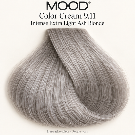 MOOD Color Cream 9.11 Intense Extra Light Ash Blonde 100ml — illustrative hair colour swatch; results vary