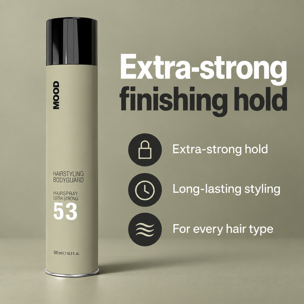MOOD 53 Hairspray Extra Strong 500ml — key product benefits