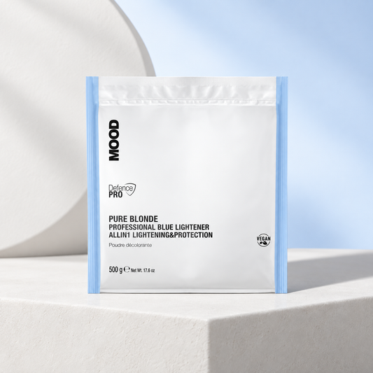 MOOD Pure Blonde Blue Powder Lightener 500g — studio product photograph