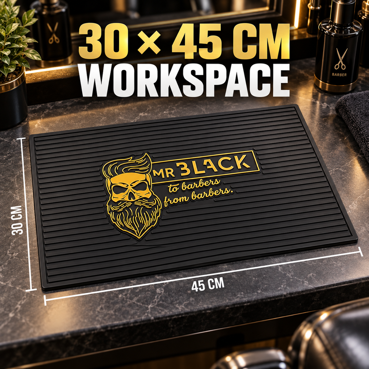 Mr Black Bearded Skull Barber Tool Mat – 30 × 45 cm workspace