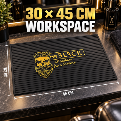 Mr Black Bearded Skull Barber Tool Mat – 30 × 45 cm workspace