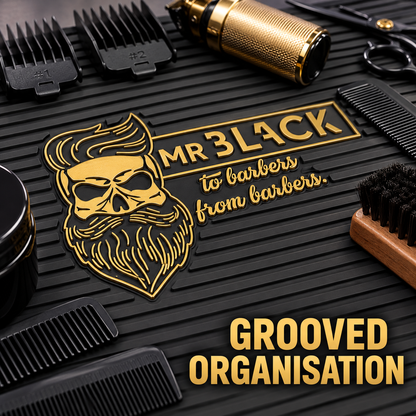 Mr Black Bearded Skull Barber Tool Mat – grooved organisation for small tools