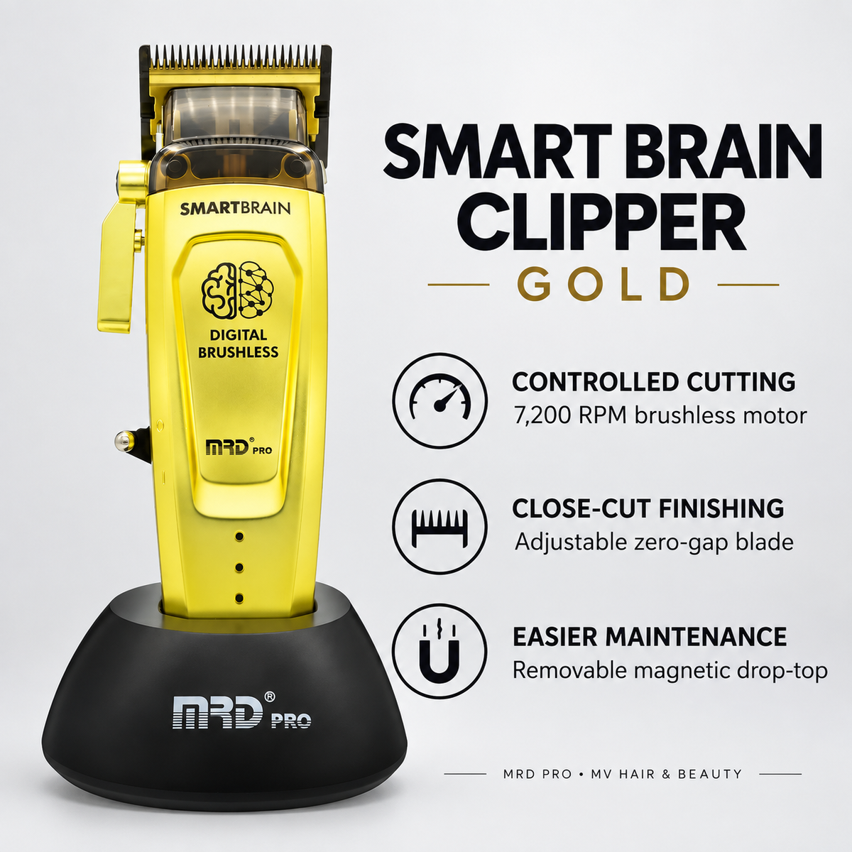 MRD Pro Smart Brain Cordless Clipper – Gold – key benefits and features