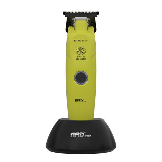 MRD Pro Smart Brain Precision BLDC Motor Trimmer in green on charging dock