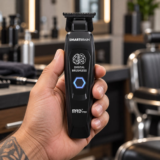 MRD Pro Smart Brain black trimmer held ready for detailing in a barbershop