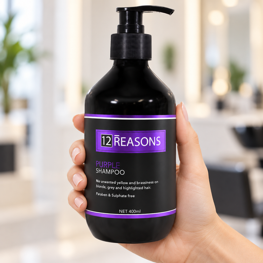 12 Reasons Purple Shampoo 400ml pump bottle held upright with the front label visible.