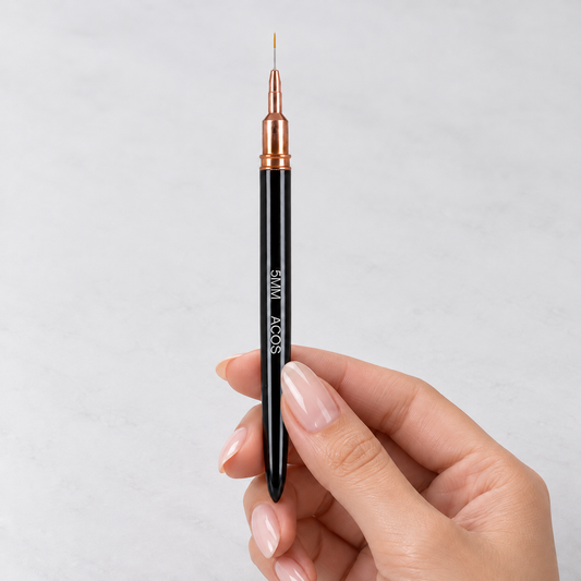 ACOS 5mm nail art liner brush held by the handle, showing its fine tip and copper-coloured ferrule