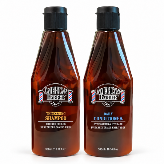 American Barber Thickening Shampoo and Daily Conditioner, two 300ml bottles on white.