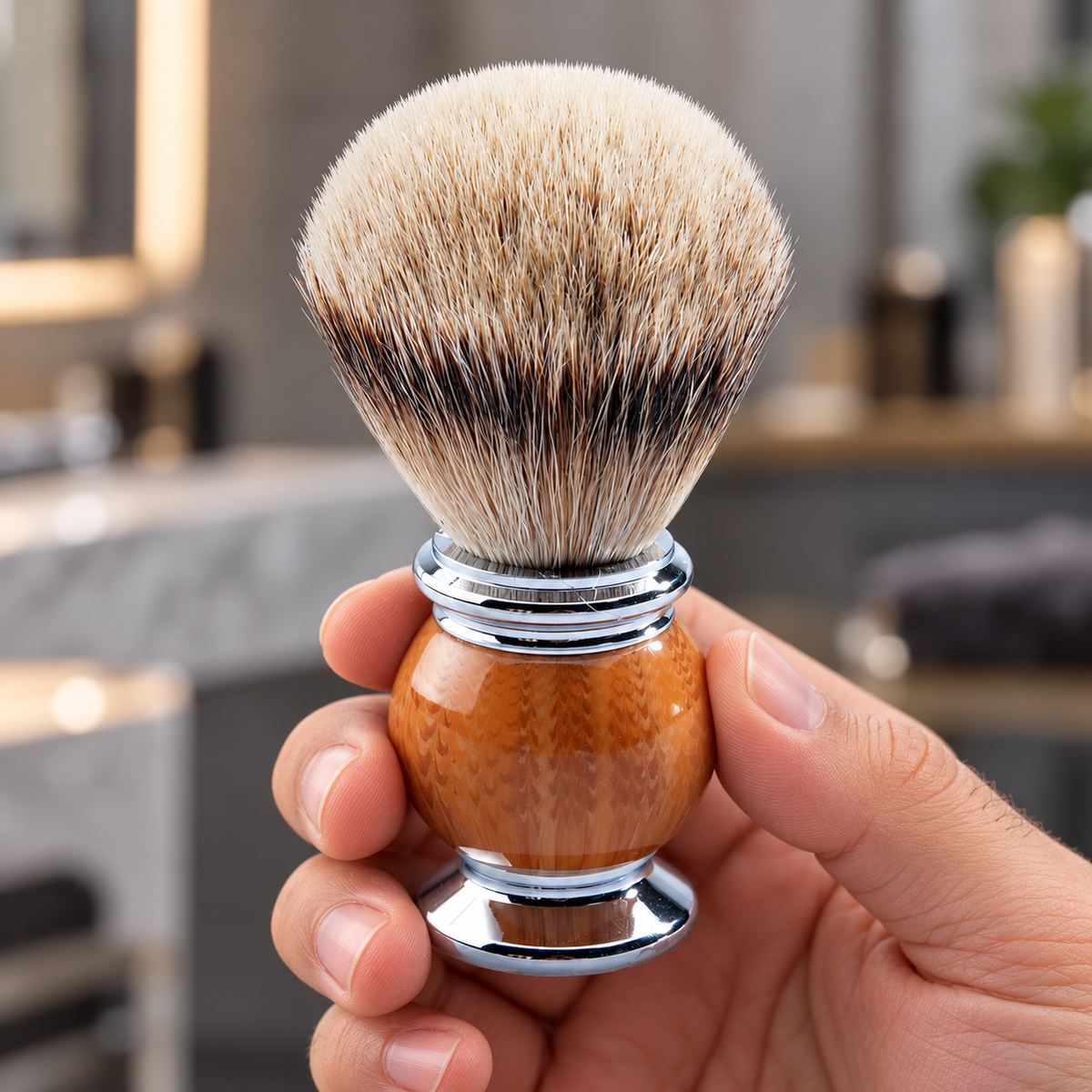 Light wood-handled Barbertop shaving brush held upright, showing the cream and dark bristles and chrome trim.