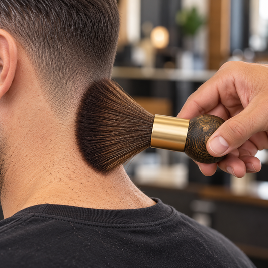 MV Barbertop neck brush with short wood handle and gold ferrule gently dusting a client's neck after a haircut