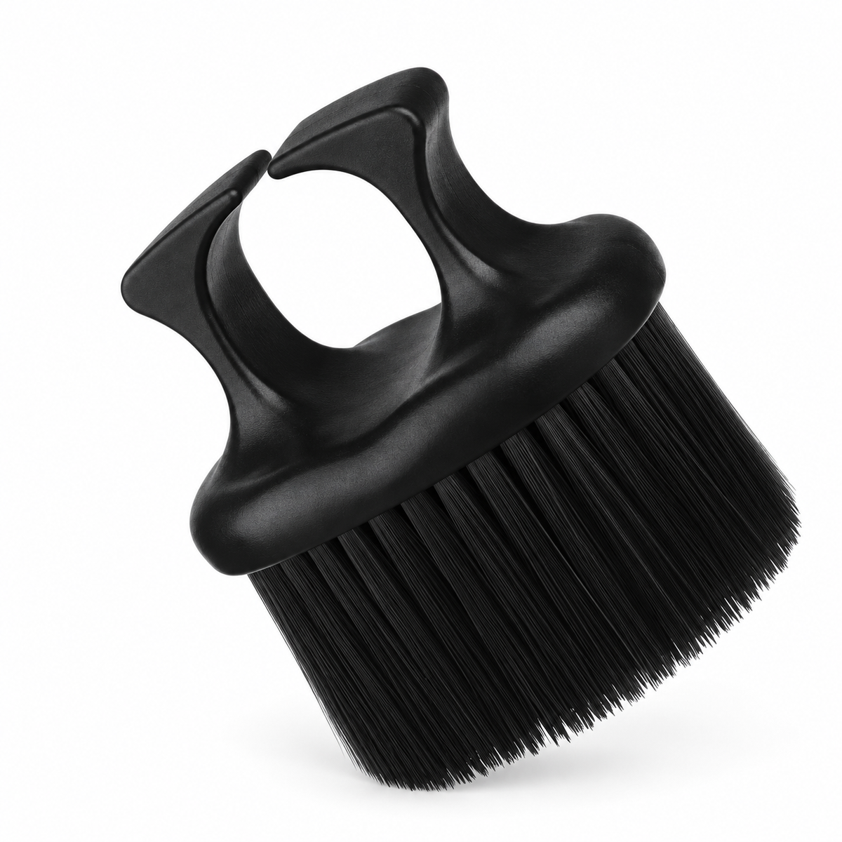Single black finger-ring neck duster brush on a white background