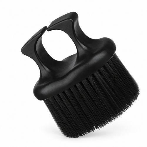 Single black finger-ring neck duster brush on a white background