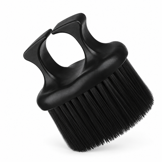Single black finger-ring neck duster brush on a white background