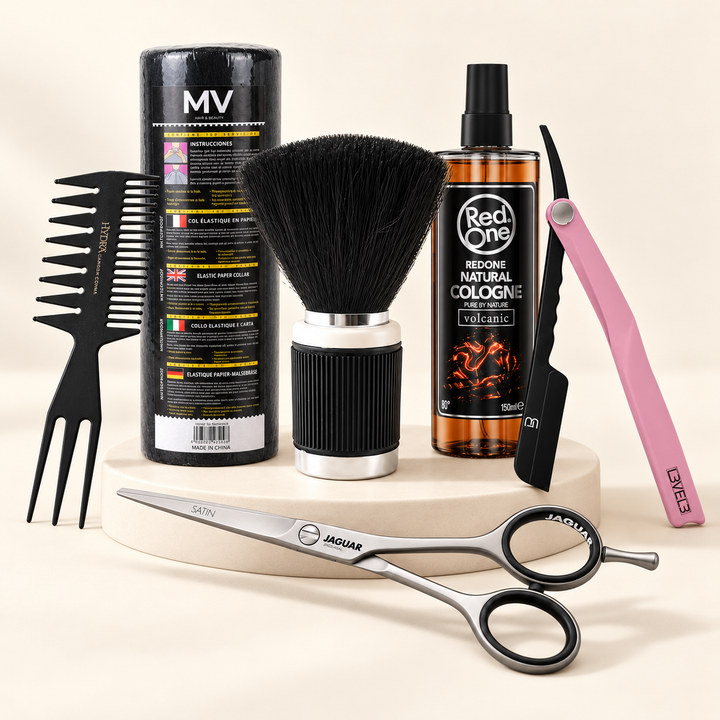 Barber supplies: Jaguar scissors, L3VEL3 folding razor, MV neck strips, neck duster brush, RedOne cologne and a styling comb