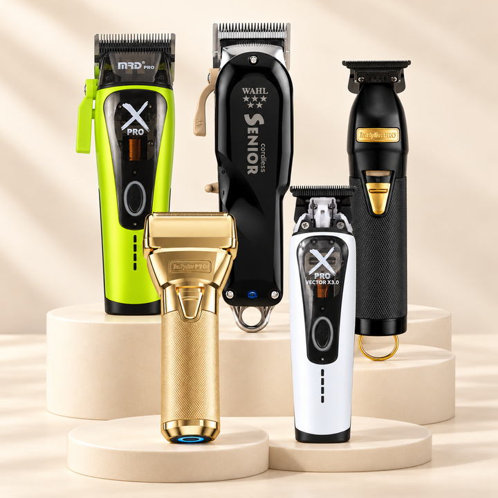 Barber clippers, trimmers and a gold foil shaver from MRD Pro, Wahl and BaBylissPRO
