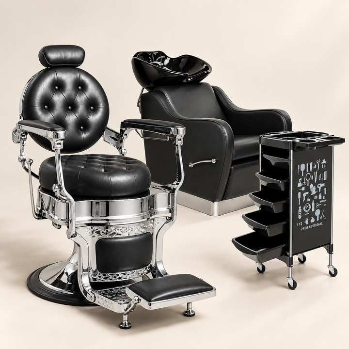 Salon furniture: vintage barber chair, shampoo basin chair and salon trolley