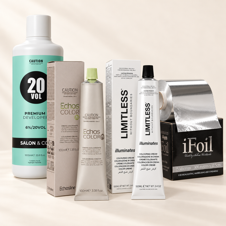 Hair colour supplies: Salon & Co 20 Vol developer, Echos Color and Limitless colouring creams, and iFoil foil