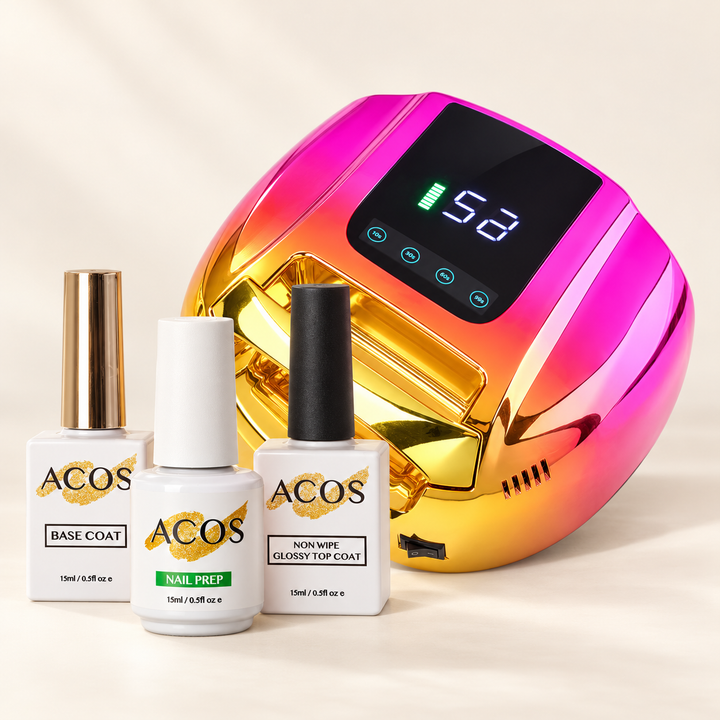 ACOS base coat, nail prep and glossy top coat with an ACOS UV nail lamp