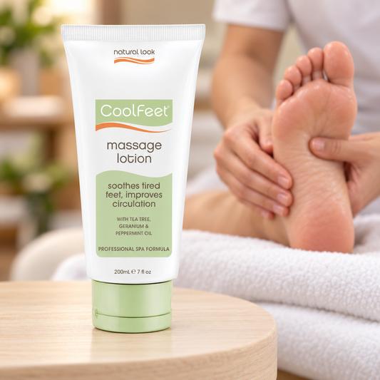 Natural Look CoolFeet Massage Lotion 200ml beside a salon foot massage