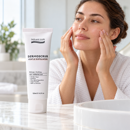 Natural Look Dermoscrub 125ml tube beside a demonstration of gentle facial massage