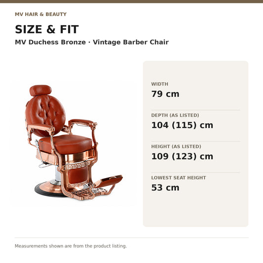 MV Duchess Bronze - Vintage Barber Chair dimensions: Width: 79 cm; Depth (as listed): 104 (115) cm; Height (as listed): 109 (123) cm; Lowest seat height: 53 cm