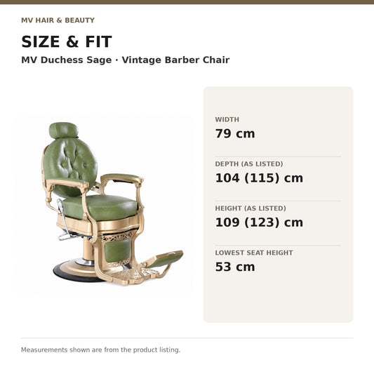 MV Duchess Sage - Vintage Barber Chair dimensions: Width: 79 cm; Depth (as listed): 104 (115) cm; Height (as listed): 109 (123) cm; Lowest seat height: 53 cm