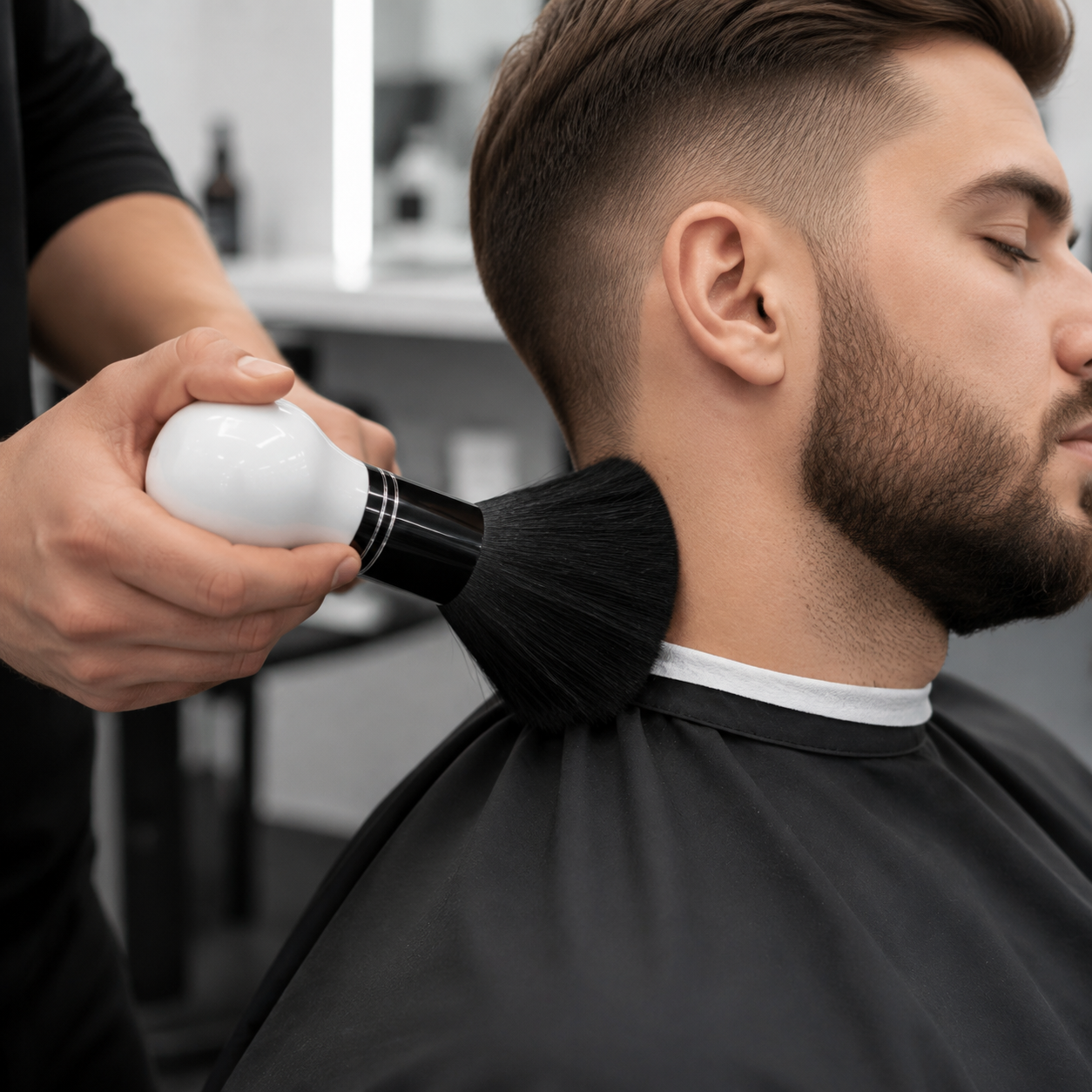 Barber using the MV dusting brush to remove loose hair from an adult client's neck
