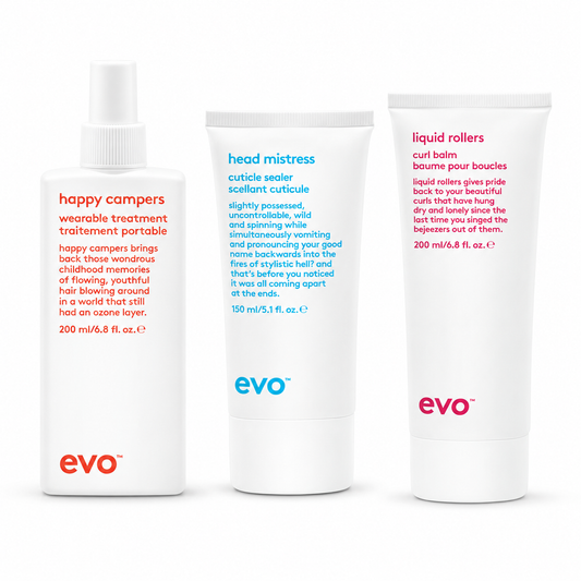 Evo Hydrated and Happy set with Happy Campers 200ml, Head Mistress 150ml and Liquid Rollers 200ml.