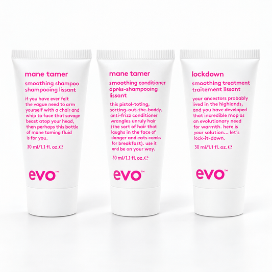 Evo Smooth Bon Bon contents: Mane Tamer Shampoo, Mane Tamer Conditioner and Lockdown Treatment, 30ml each.
