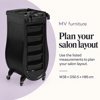 April Hair Trolley 3201-AB — Plan your salon layout. W38 × D50.5 × H85 cm.