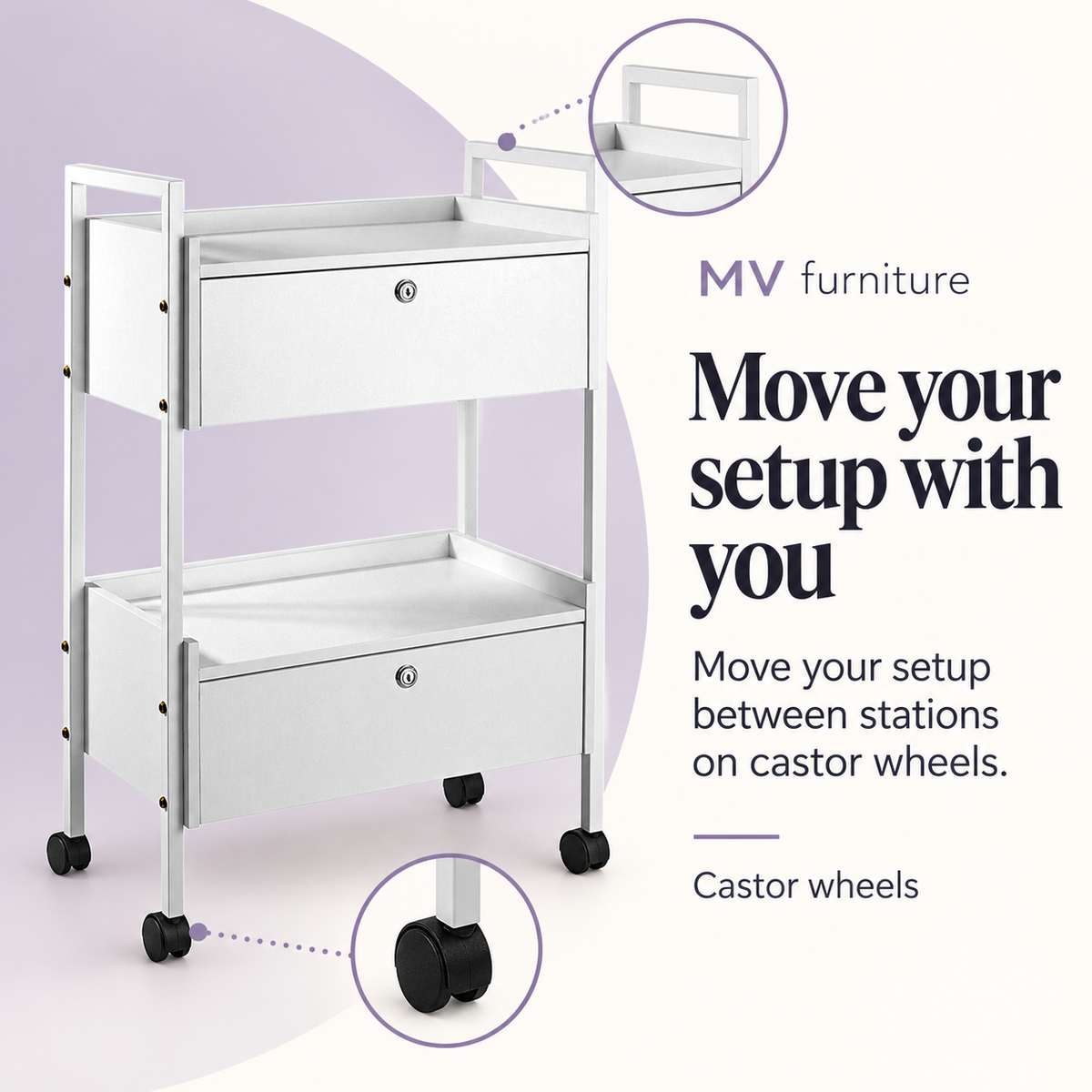 Rochelle Beauty Trolley HZ-938 — Move your setup with you. Castor wheels.