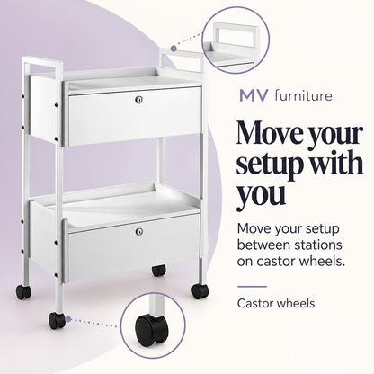 Rochelle Beauty Trolley HZ-938 — Move your setup with you. Castor wheels.
