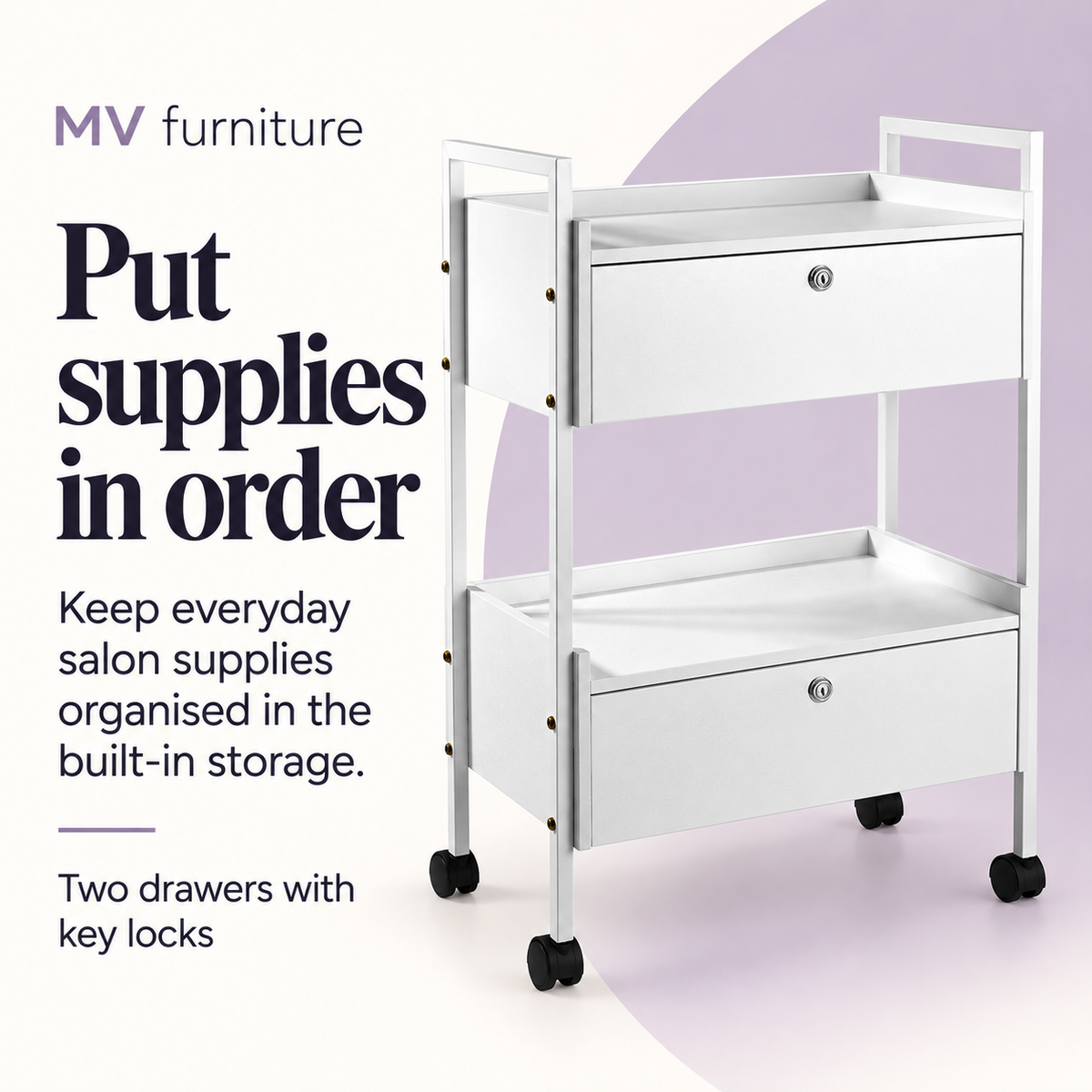 Rochelle Beauty Trolley HZ-938 — Put supplies in order. Two drawers with key locks.