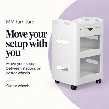 Carmen Beauty Trolley HZ989 White — Move your setup with you. Castor wheels.