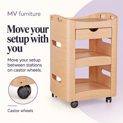 Carmen Beauty Trolley HZ989 Light Wood — Move your setup with you. Castor wheels.