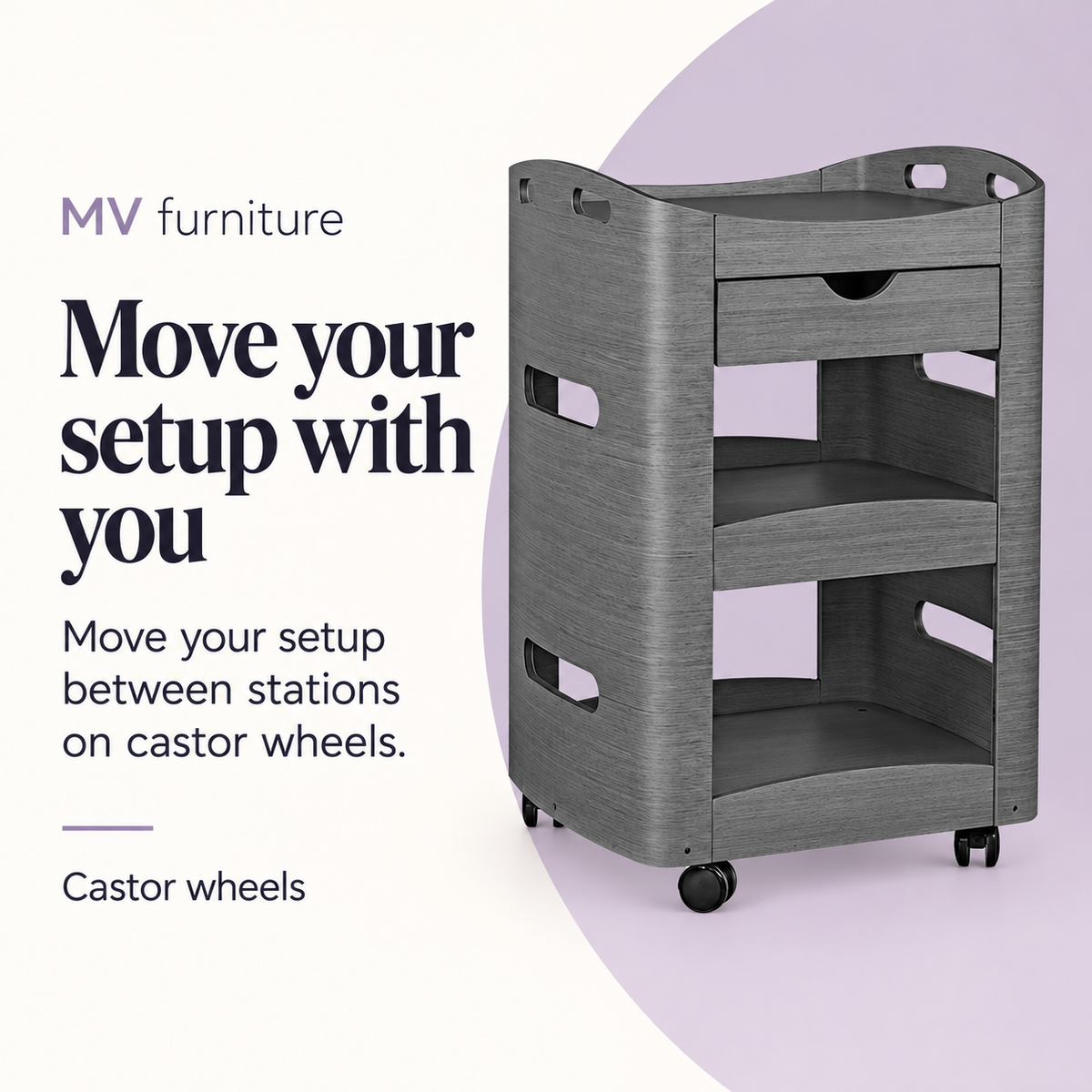 Carmen Beauty Trolley HZ989 Gray — Move your setup with you. Castor wheels.
