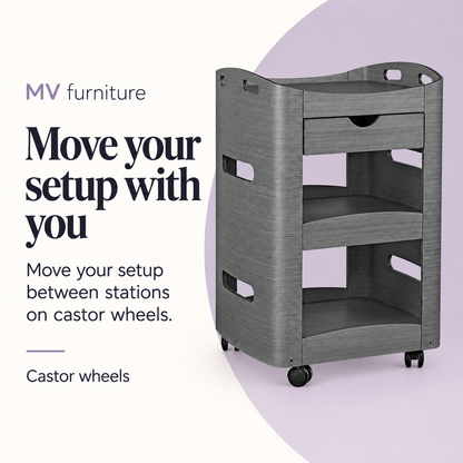Carmen Beauty Trolley HZ989 Gray — Move your setup with you. Castor wheels.