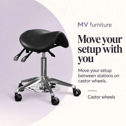 Yates Saddle Stool 6010F — Move your setup with you. Castor wheels.