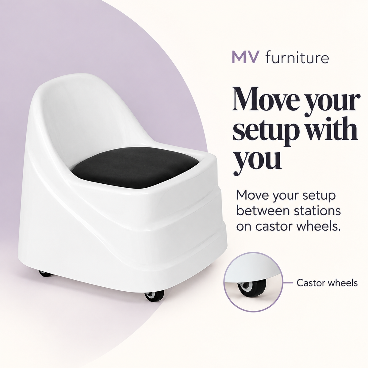 Pedicure Stool White HZ9808 — Move your setup with you. Castor wheels.