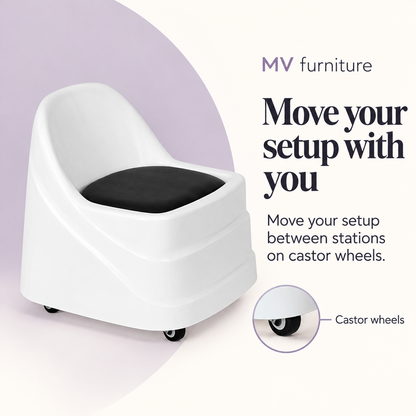 Pedicure Stool White HZ9808 — Move your setup with you. Castor wheels.