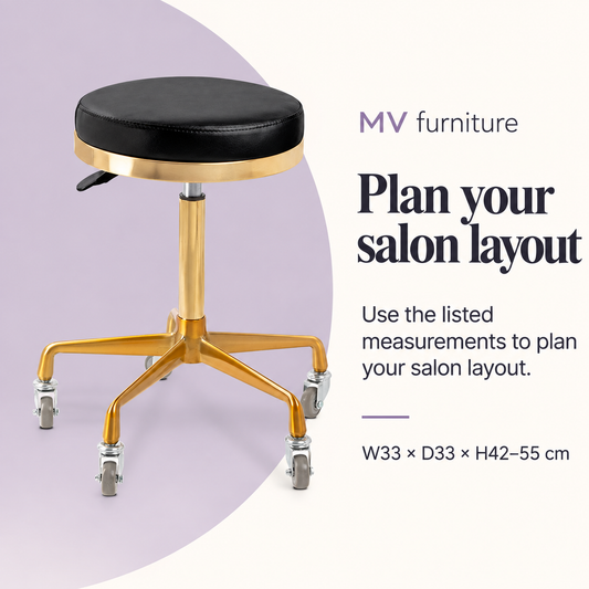 Ely Salon Stool M023 (Gold) — Plan your salon layout. W33 × D33 × H42–55 cm.