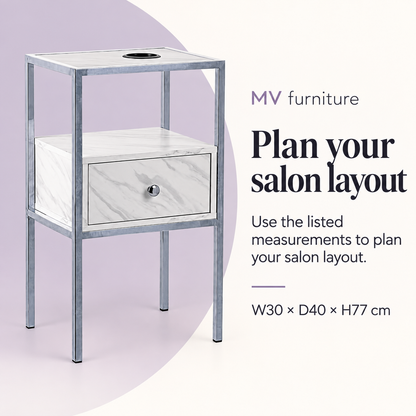 Merton Chrome Marble Pattern Working Station T306 — Plan your salon layout. W30 × D40 × H77 cm.