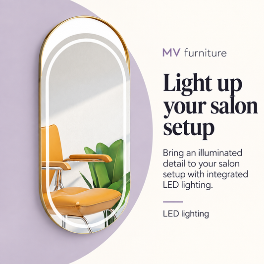 Belle Light-up Mirror Station B098 — Light up your salon setup. Bring an illuminated detail to your salon setup with integrated LED lighting.