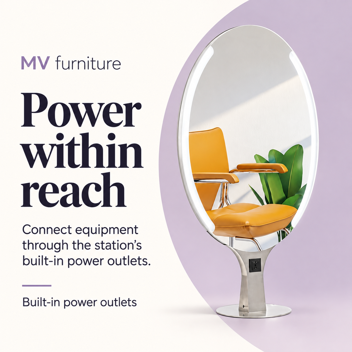 Merida Double-sided Light-up Mirror Station B099 — Power within reach. Built-in power outlets.