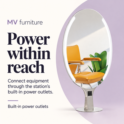 Merida Double-sided Light-up Mirror Station B099 — Power within reach. Built-in power outlets.