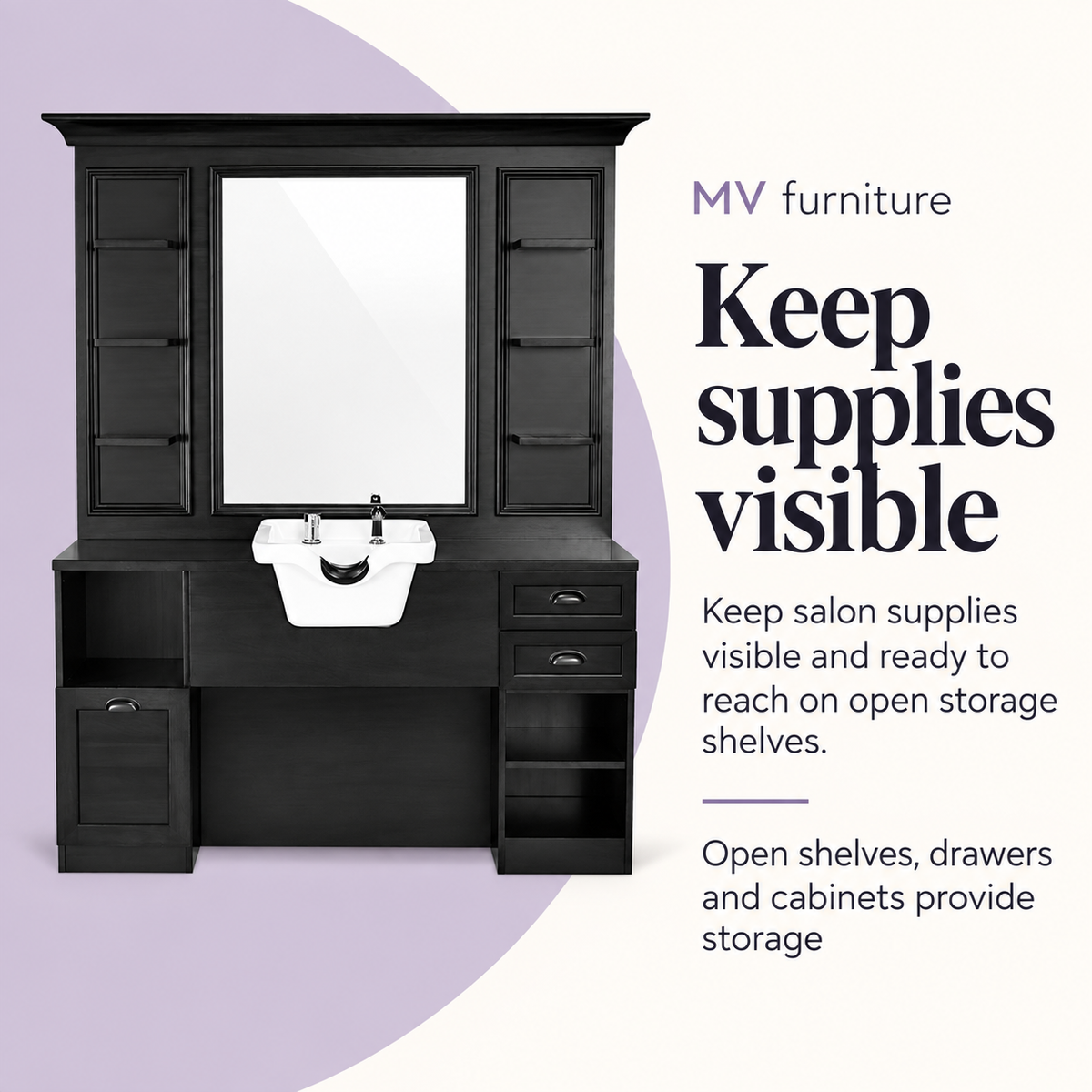 Jules Work Station with Basin - Black — Keep supplies visible. Open shelves, drawers and cabinets provide storage.