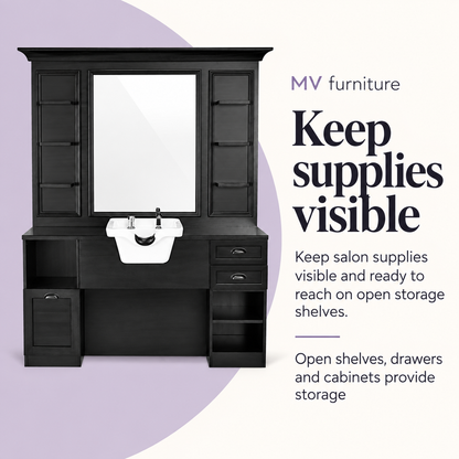Jules Work Station with Basin - Black — Keep supplies visible. Open shelves, drawers and cabinets provide storage.