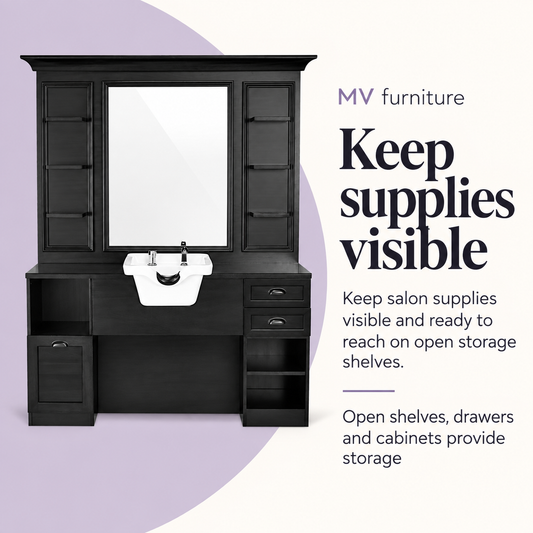Jules Work Station with Basin - Black — Keep supplies visible. Open shelves, drawers and cabinets provide storage.